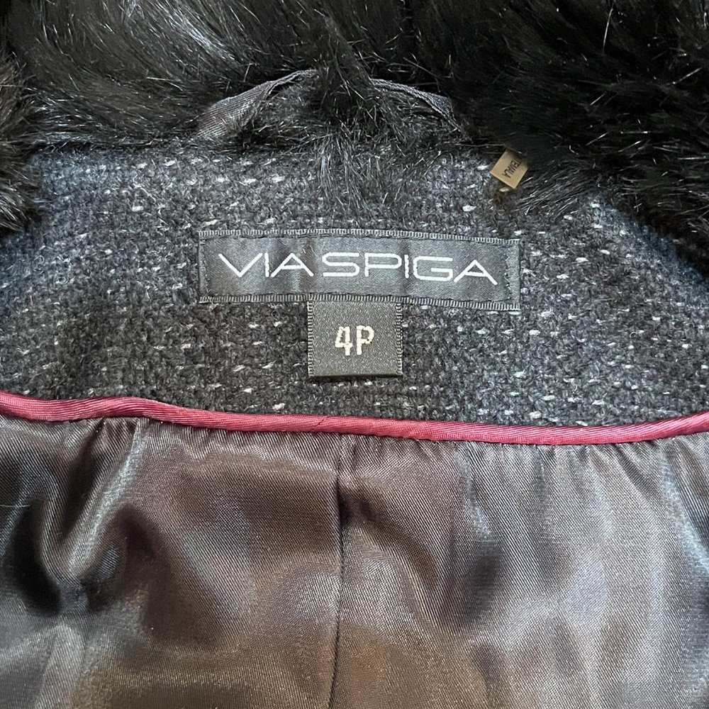 New Via Spiga Coat Petite 4P Black Tweed Fur Collar Leather Asymmetric Zip Wool - Picture 8 of 10